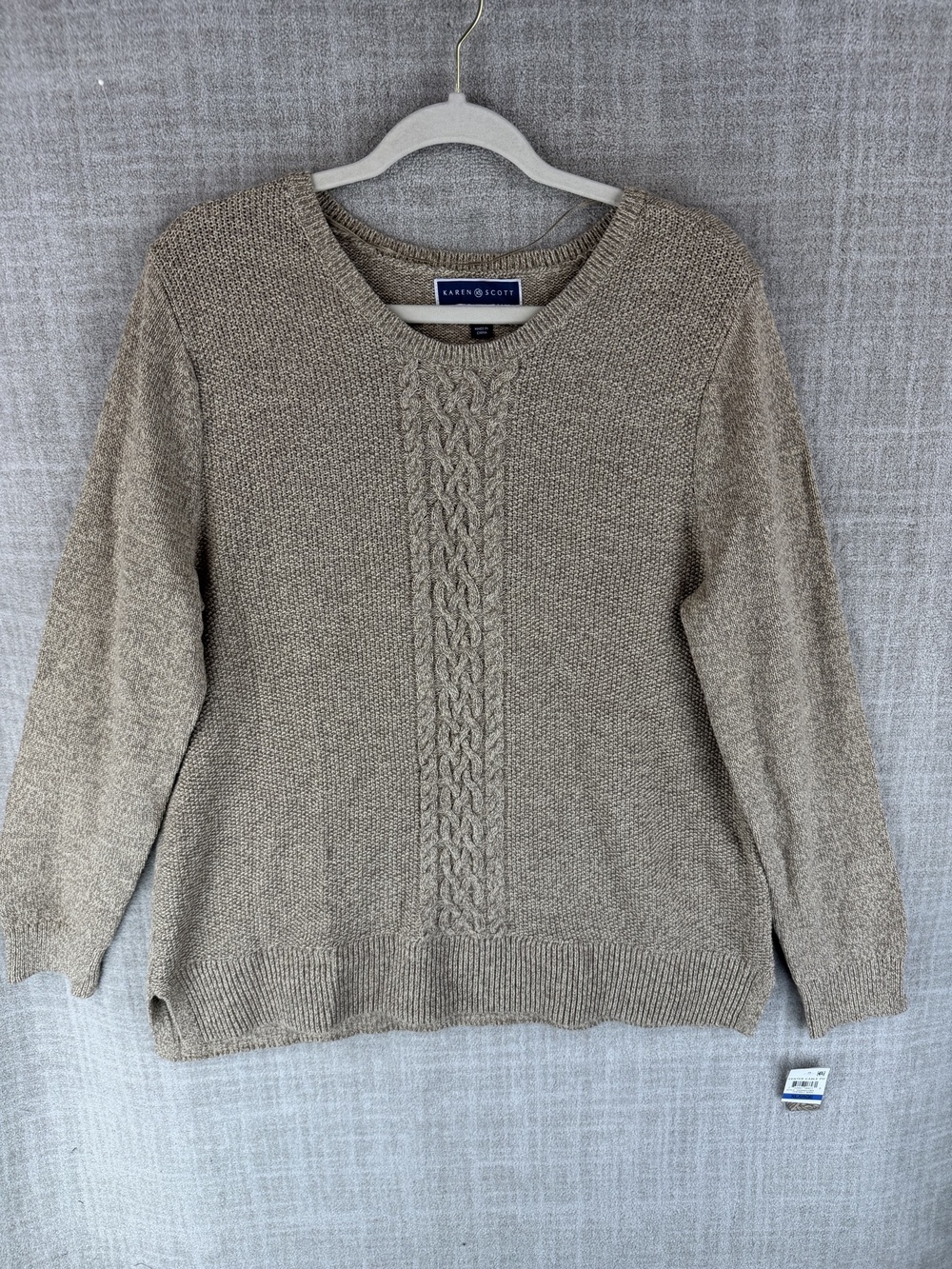 Karen Scott Sweater Womens XL Beige Cable-Knit Pullover Crew Neck Heavyweight
